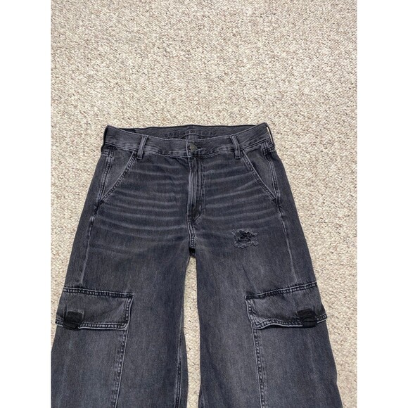 6 American Eagle Super High-Rise Baggy Wide Leg Lightly Distressed Black - Picture 2 of 6